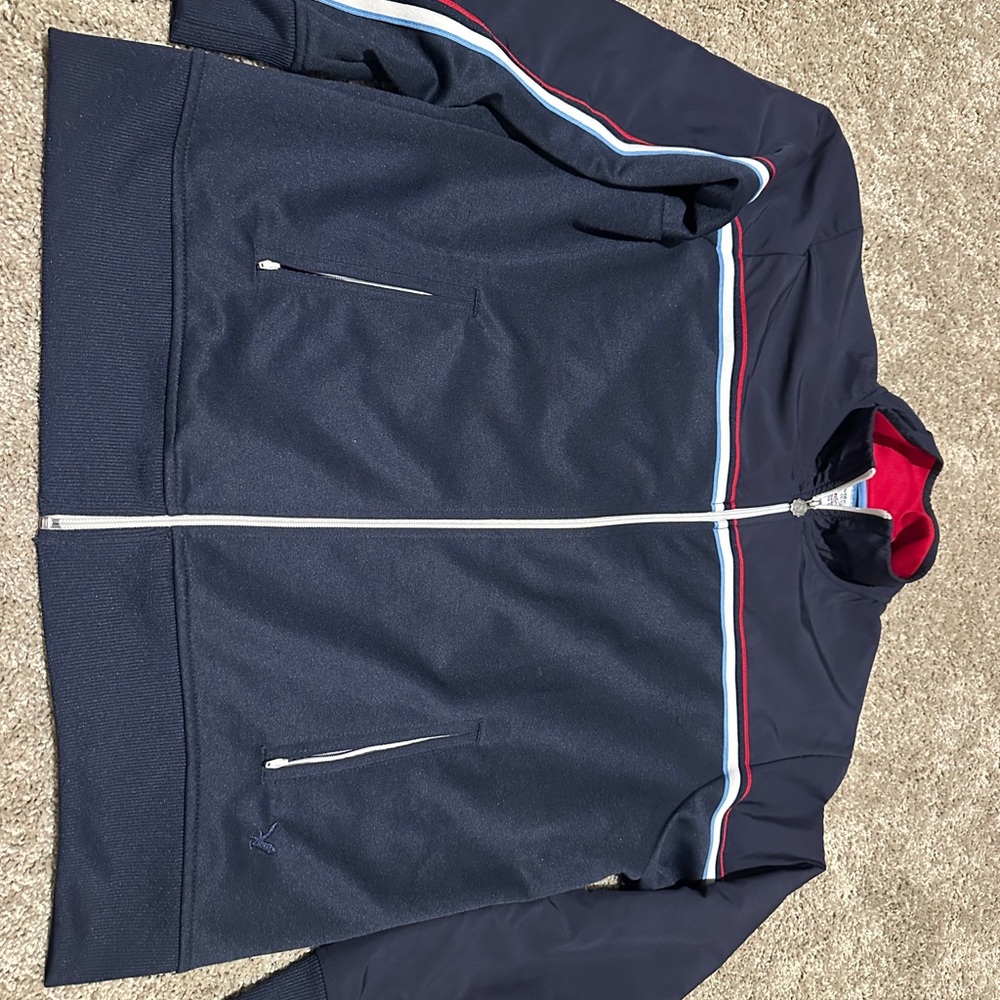 American Eagle Outfitters Navy Bomber Jacket with Red and White Stripes